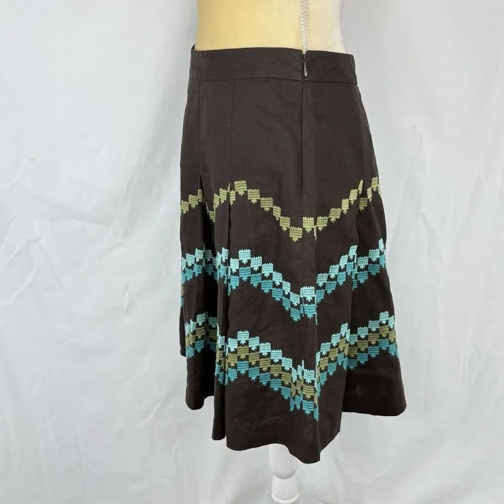 Ann Taylor LOFT Women Brown Linen Pleat Skirt Embroidered Pattern Size 2P Linen